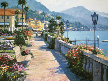 Coastal canvas art print featuring Bellagio Promenade scene by Behrens Howard, styled with vibrant colors and detailed brushwork.
