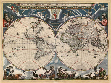 Vintage canvas art print of the world map by Blaeu Joan, featuring detailed cartography on a textured surface.