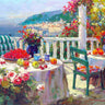 Coastal canvas art print titled Terrace Brunch by Furtesen, featuring a serene seaside scene, ideal for home decor.