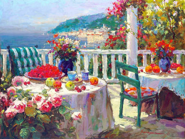 Coastal canvas art print titled Terrace Brunch by Furtesen, featuring a serene seaside scene, ideal for home decor.