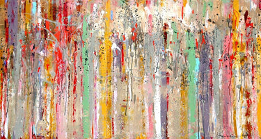Vertical Reflections abstract canvas art print by Feeling at Home, featuring vibrant, textured geometric shapes in bold colors.