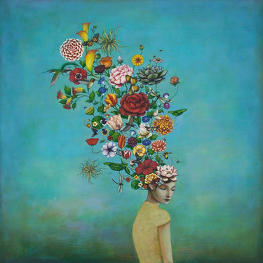Feeling at home floral canvas art print by Huynh Duy featuring vibrant garden flowers, perfect for mindful home decor.
