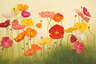 Sunlit poppies floral canvas art print by Feeling at Home featuring vibrant red and orange poppies on a light background.