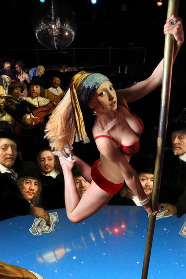 Feeling at Home art print featuring Girl with Pearl Earring and pole humor by Kite Barry, showcasing vibrant colors and detailed illustration.