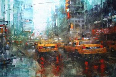 Feeling at Home Times Square Reflections landscape canvas art print showcasing vibrant cityscape reflections and colorful nighttime scene.