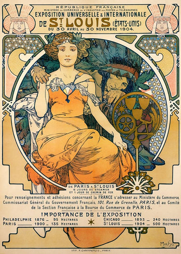 Art print of 1904 St. Louis World's Fair poster by Mucha, featuring colorful vintage design on canvas, by Feeling at Home.