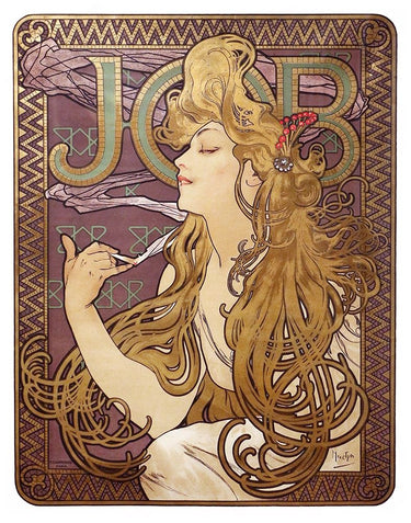Art print of a 1897 Job cigarette rolling papers advertisement by Alphonse Mucha, featuring vintage canvas wall art with nostalgic design.