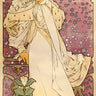 Art print of Sarah Bernhardt as The Lady of the Camellias by Mucha, featuring a vintage 1896 design on canvas.