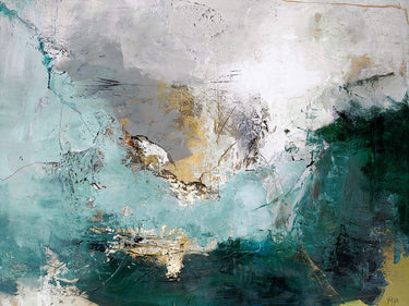 Abstract Arctic Green variation canvas art print by Feeling at Home, featuring vibrant green and blue brushstrokes on textured canvas.