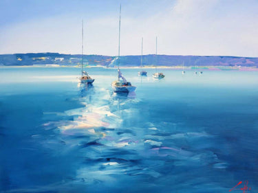 Coastal canvas art print by Penny Craig Trewin featuring a serene morning seaside scene, perfect for coastal home decor.