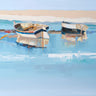 Coastal canvas art print of moorings at low tide by Penny Craig Trewin, featuring a serene seaside scene with boats and calm water.