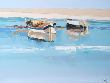 Coastal canvas art print of moorings at low tide by Penny Craig Trewin, featuring a serene seaside scene with boats and calm water.