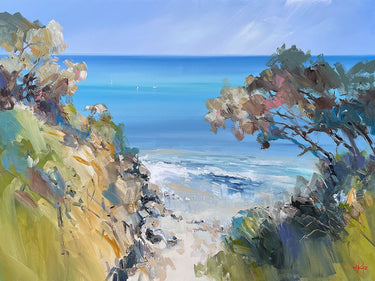 Coastal art print by Penny Craig Trewin featuring a view over the bay towards Melbourne, suitable for framing and home decor.