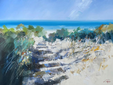 Feeling at Home Beach Steps Robe abstract canvas art print by Penny Craig Trewin, showcasing vibrant beach scene and artistic details.
