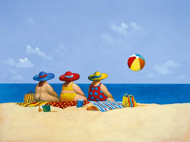 Three ladies relaxing on a coastal beach scene canvas art print by Paraskevas Michael, featuring a serene seaside setting.