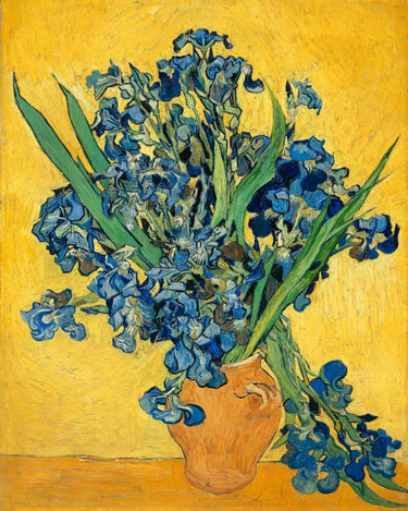 Feeling at home floral canvas art print featuring Vincent van Gogh's irises from 1890, showcasing vibrant flower details.