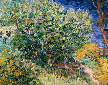 Lilac Bush landscape canvas art print by Van Gogh, featuring vibrant purple flowers and lush greenery, by Feeling at Home.