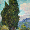 Van Gogh Cypresses 1889 landscape art print on canvas, featuring vibrant cypress trees in a natural scene.