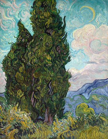 Van Gogh Cypresses 1889 landscape art print on canvas, featuring vibrant cypress trees in a natural scene.