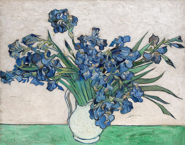 Feeling at home floral art print of Vincent van Gogh's Irises 1890 in a white vase, showcasing vibrant brushstrokes on canvas.