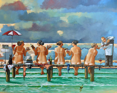 Feeling at home Friends on the Jetty coastal canvas art print by West Ronald, featuring a serene seaside scene and vibrant colors.