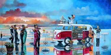 Coastal canvas art print titled The Last Dance II by West Ronald, featuring vibrant ocean scene with boat and sunset colors.