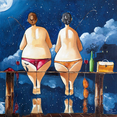 Feeling at Home Two Sisters Fishing Spirits canvas art print by West Ronald, featuring vibrant, detailed artwork of two women fishing.