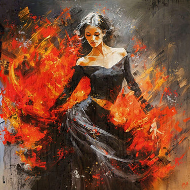 Decorative canvas art print of Flamenco Fire No. 3 by Wiley Marta, featuring vibrant flamenco dancer imagery, by Feeling at Home.
