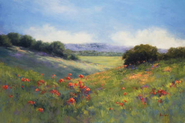 Feeling at home floral art print featuring vibrant poppies with a view, created by Weil Alice on canvas.