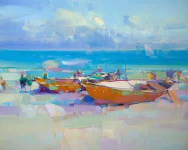 Coastal canvas art print of boats on the shore by Yeremyan Vahe, featuring tranquil seaside scene, by Feeling at Home.