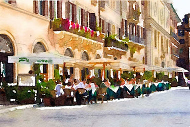 Feeling at Home Cafe Italia photography canvas art print by Navas Emily, featuring a scenic Italian café scene on textured canvas.