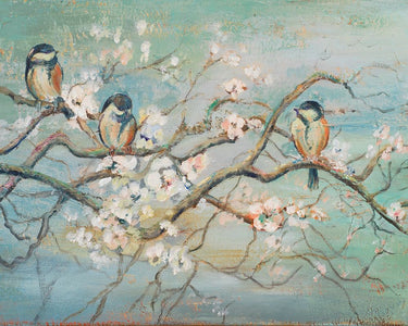 Feeling at Home spring branch with birds decorative canvas art print by Pinto Patricia, featuring colorful floral and bird illustrations.