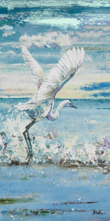 Coastal canvas art print of a great blue egret by Pinto Patricia, featuring a serene bird scene in natural tones.