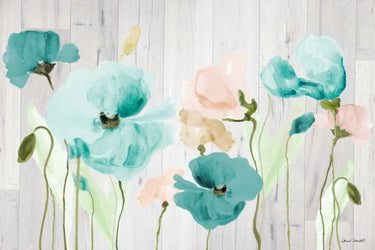 Teal poppies floral canvas art print by Loreth Lanie, featuring vibrant poppy flowers on a wooden background, by Feeling at Home.