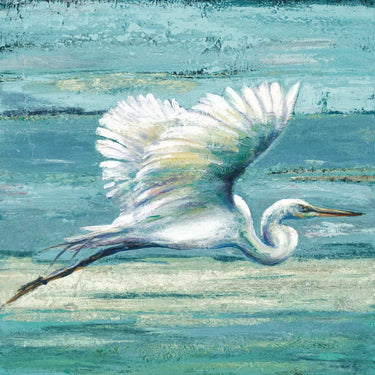 Feeling at Home Great Egret coastal canvas art print by Pinto Patricia, featuring a serene white egret in a coastal setting.