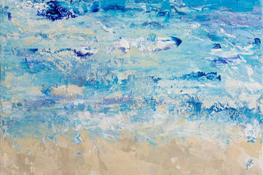 Blue crashing wave abstract canvas art print by DeRice Julie, featuring vibrant ocean wave imagery for home decor.