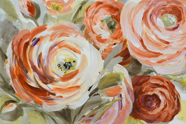 Feeling at home floral canvas art print featuring vibrant orange ranunculus flowers by Loreth Lanie.