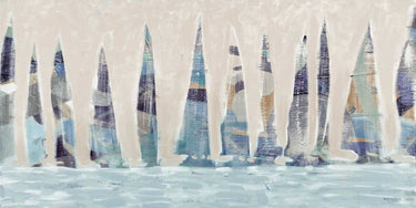 Muted boats coastal canvas art print by Feeling at Home, featuring a serene maritime scene with soft colors and detailed boat illustrations.