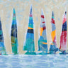 Colorful boats coastal art print by Meneely Dan, featuring vibrant boat illustrations on a canvas panel for home decor.