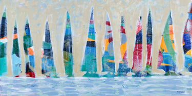 Colorful boats coastal art print by Meneely Dan, featuring vibrant boat illustrations on a canvas panel for home decor.
