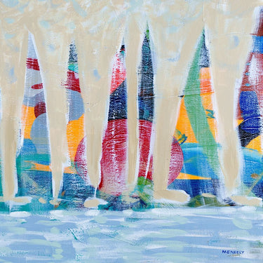 Colorful boats square coastal canvas art print by Meneely Dan, featuring vibrant boat illustrations for a nautical decor style.