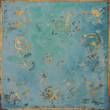 Blue abstract canvas art print with gold swirl accents by Pinto Patricia, vibrant and modern wall decor for home decoration.