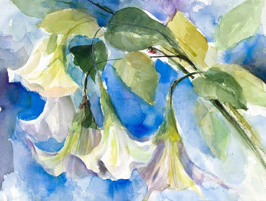 Elusive Angel Trumpets floral canvas art print by Loreth Lanie, featuring vibrant angel trumpet flowers on a decorative canvas.