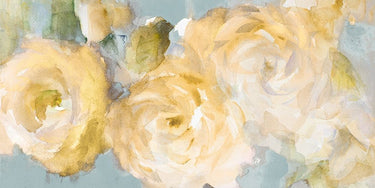 Yellow blooms on blue floral canvas art print by Feeling at Home, showcasing vibrant flower details and colorful botanical design.