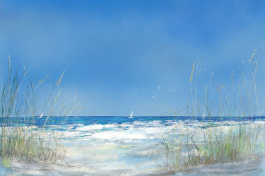 Coastal canvas art print of a grassy seascape by DeRice Julie, featuring vibrant natural scenery, from Feeling at Home.