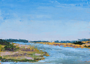 Feeling at Home green Jenny landscape canvas art print featuring along the water scene with trees and reflections.