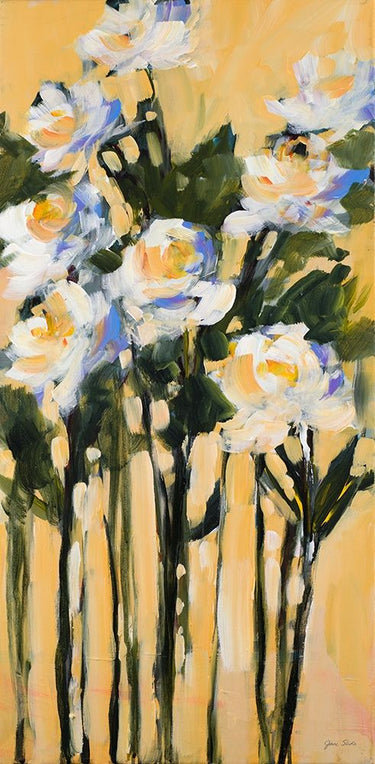 Long stem roses floral canvas art print by Feeling at Home featuring vibrant, detailed rose blooms on a textured surface.