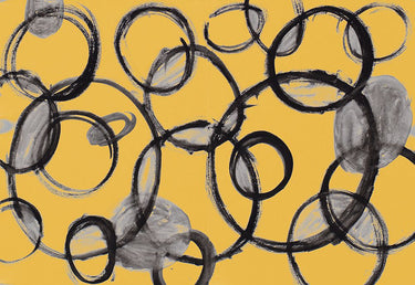 Black circles on gold abstract canvas art print by Navas Emily, modern wall decor from Feeling at Home.