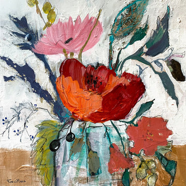 Feeling at Home floral art print featuring pretty jar flowers by Maria Robin, showcasing vibrant floral canvas artwork.