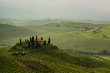 Feeling at Home Tuscan Villa photography canvas art print featuring a scenic view of a rustic Tuscan villa and landscape.